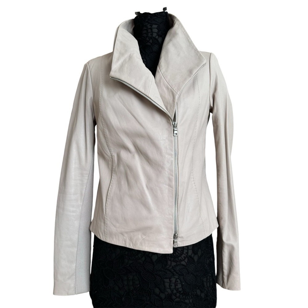 Vince Beige Cream Lambskin Leather Minimalist Asymmetrical Funnel Neck Jacket